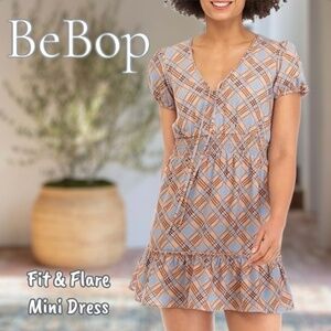 BEBOP Jr’s Brown-Cream Plaid Short Sleeve Ruffle Hem Smock-Waist MiniDress NWT